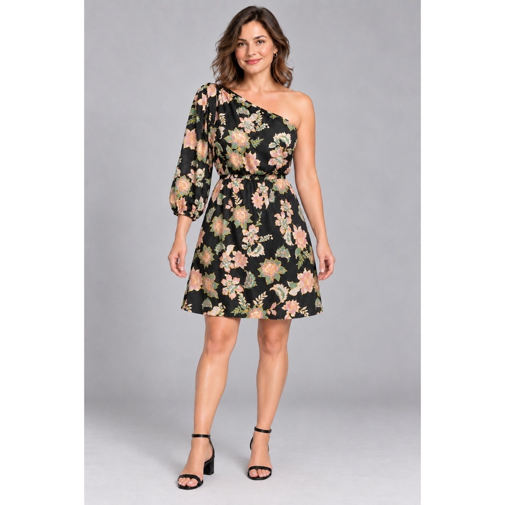 Who What Wear One Shoulder Linen Blend Floral Mini Dress Black Womens L Tropical